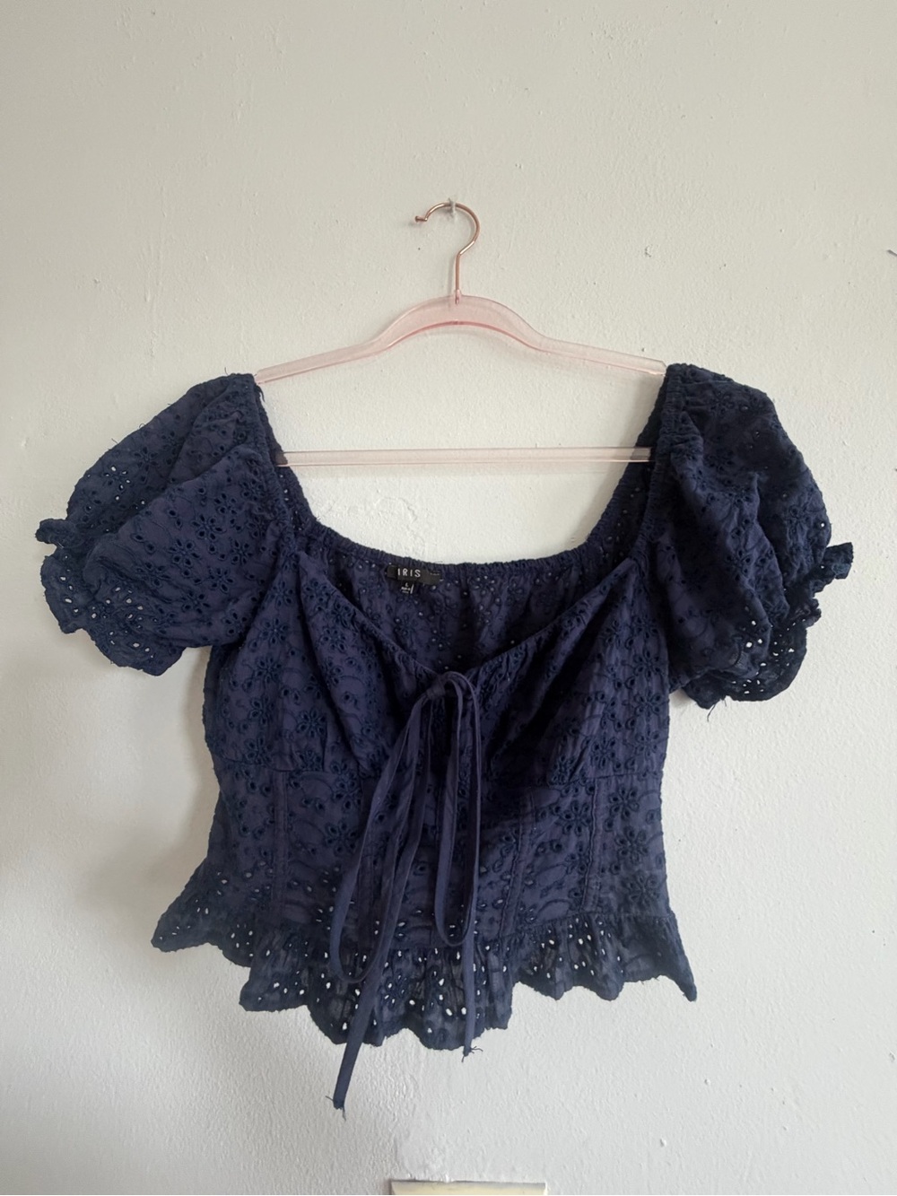 iris Navy Eyelet Puff Sleeve Tie-Front Top